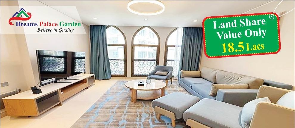 Living room interior of a Dreams Palace Garden flat with arched windows